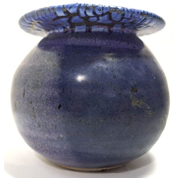 Blue Purple Glazed Rimmed Round Pottery Planter 5" Diameter 4.25" Height Signed - Picture 6 of 6